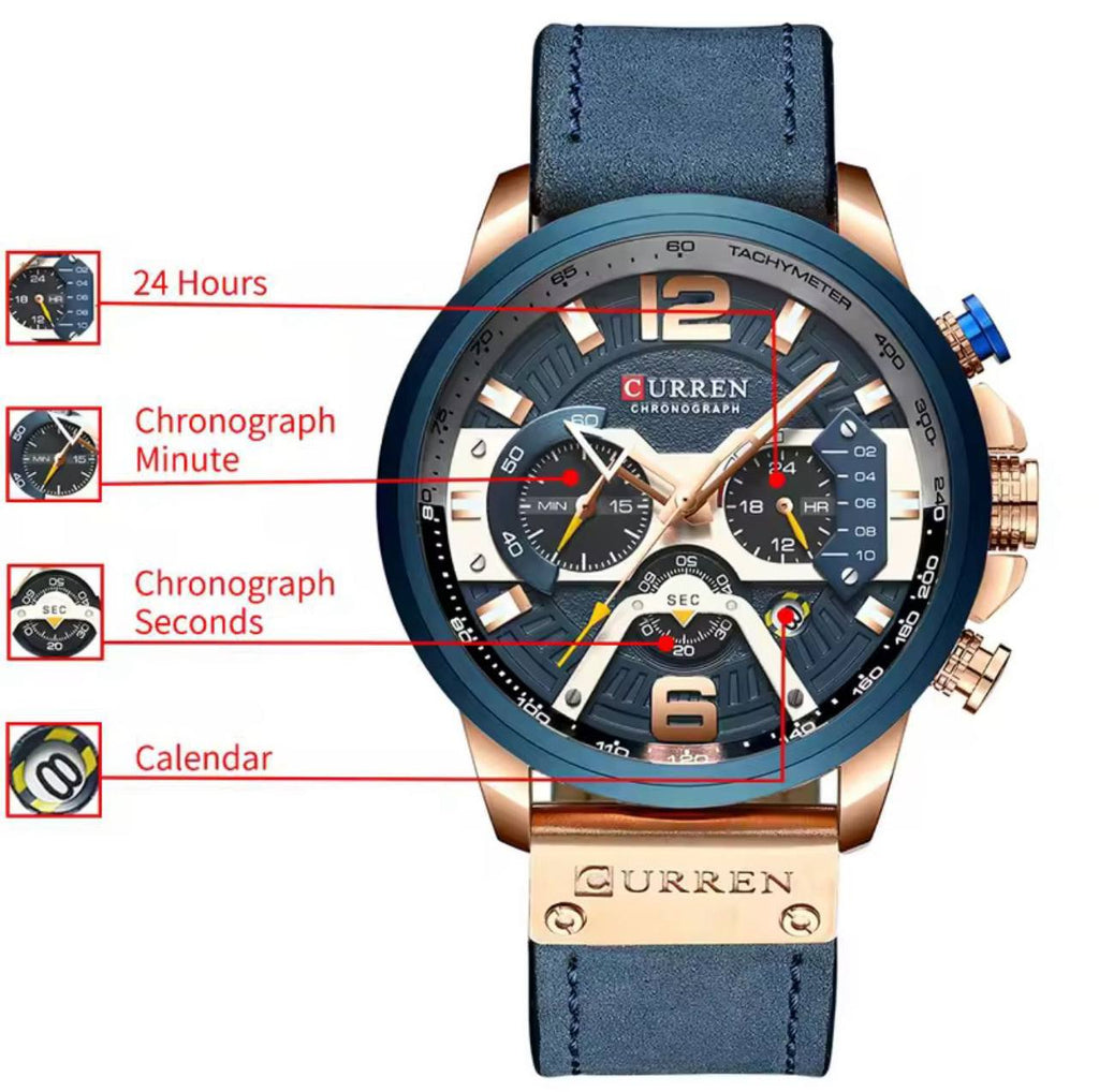 CURREN GENTS WATCH #8329 (LEATHER) WATER RESISTANT CHRONOGRAPH MOVEMENT DATE DISPLAY BATTERY POWERED ENGRAVING SERVICES CURREN BRANDED BOX ENQUIRIES