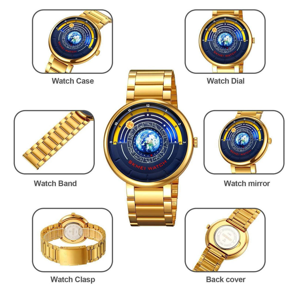 SKMEI 2361 EARTH TIME GOLD SILVER BLACK EARTH DIAL FASHION MINERAL REINFORCED GLASS BATTERY POWERED STAINLESS STEEL WATER RESISTANCE 30M ENGRAVING SERVICES