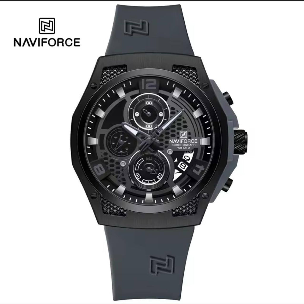 NAVIFORCE GENTS WATCH #NF 9208 ANALOGUE & DIGITAL DISPLAY LIGHT BUTTON WATER RESISTANT BATTERY POWERED LEATHER STRAP ENGRAVING SERVICES ENQUIRIES