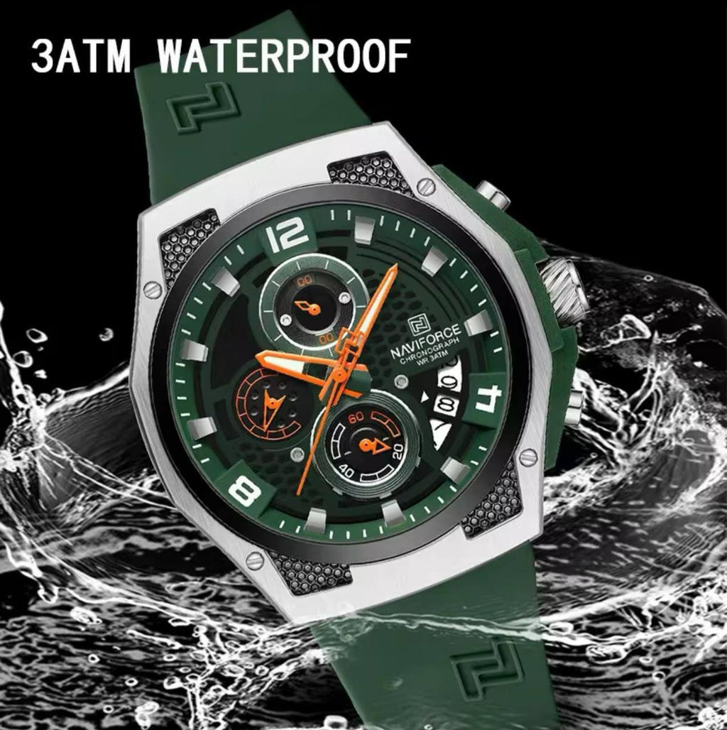 NAVIFORCE GENTS WATCH #NF 9208 ANALOGUE & DIGITAL DISPLAY LIGHT BUTTON WATER RESISTANT BATTERY POWERED LEATHER STRAP ENGRAVING SERVICES ENQUIRIES
