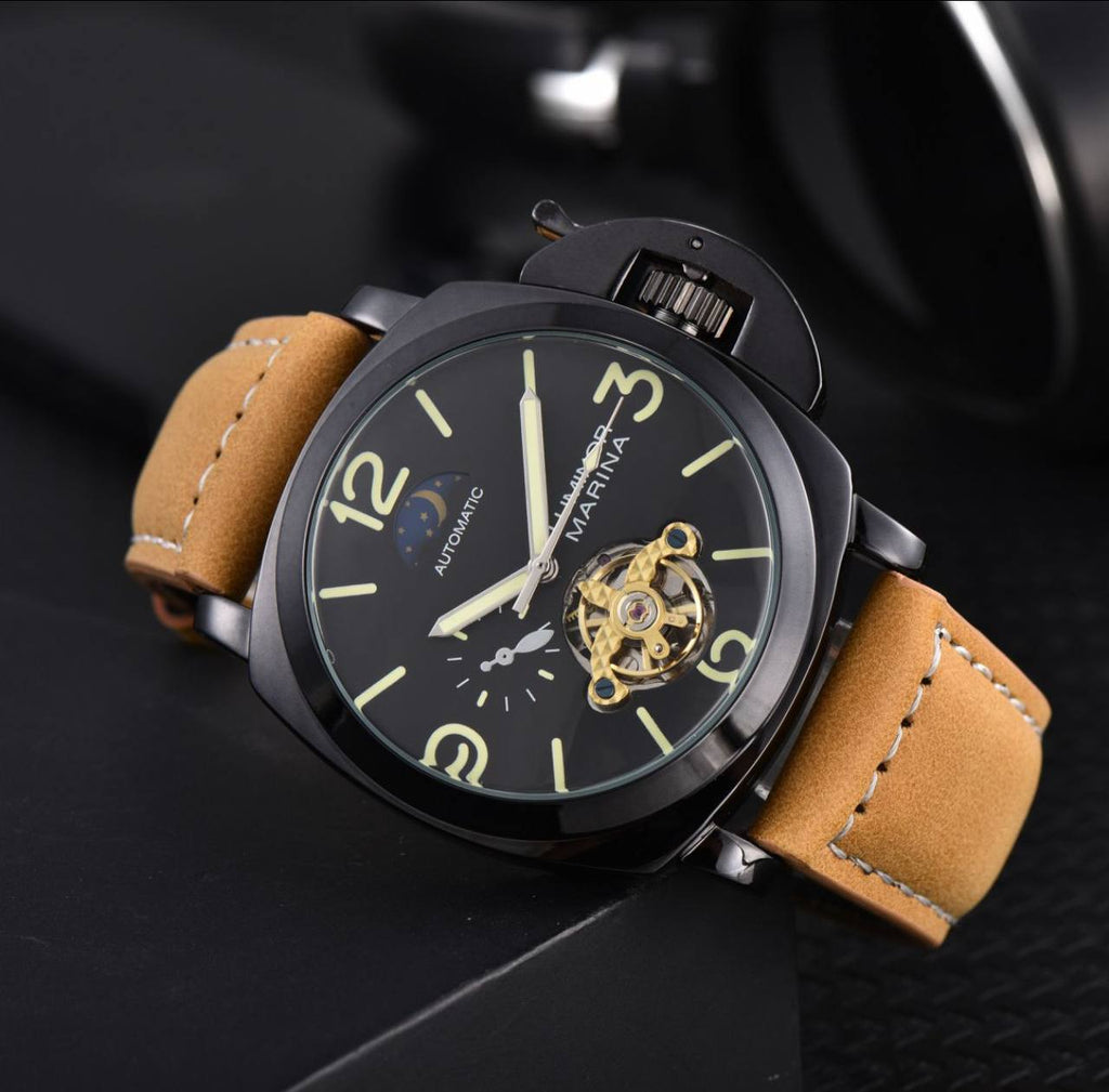 ARRIVALS PANERAI AUTOMATIC GENTS WATCH TOURBILLON MACHINE CHRONOGRAPH LEATHER STRAPS AUTOMATIC MOVEMENT WATER RESISTANT WE OFFER ENGRAVING SERVICES ENQUIRIES