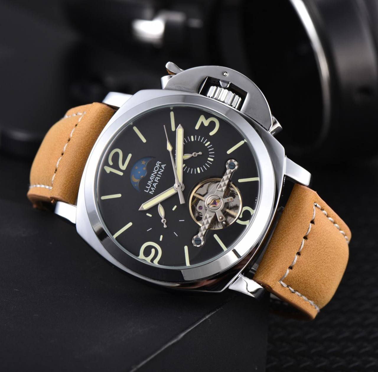 ARRIVALS PANERAI AUTOMATIC GENTS WATCH TOURBILLON MACHINE CHRONOGRAPH LEATHER STRAPS AUTOMATIC MOVEMENT WATER RESISTANT WE OFFER ENGRAVING SERVICES ENQUIRIES