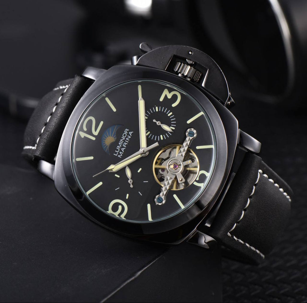 ARRIVALS PANERAI AUTOMATIC GENTS WATCH TOURBILLON MACHINE CHRONOGRAPH LEATHER STRAPS AUTOMATIC MOVEMENT WATER RESISTANT WE OFFER ENGRAVING SERVICES ENQUIRIES