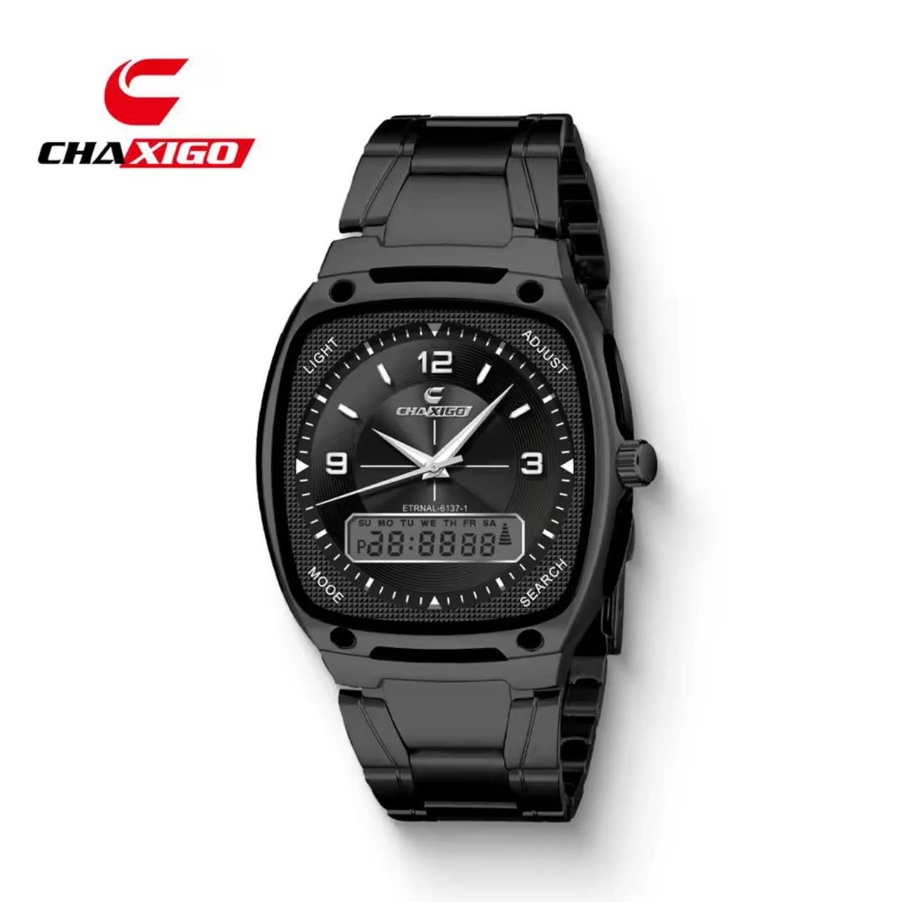 BRAND ALERT CHAXIGO DUAL TIME #6137 DUAL DISPLAY,ELECTRONIC X QUARTZ NIGHT LIGHT BUTTON 30M WATERPROOF STAINLESS STEEL STRAP HIGH STRENGTH MINERAL GLASS WE OFFER ENGRAVING SERVICES