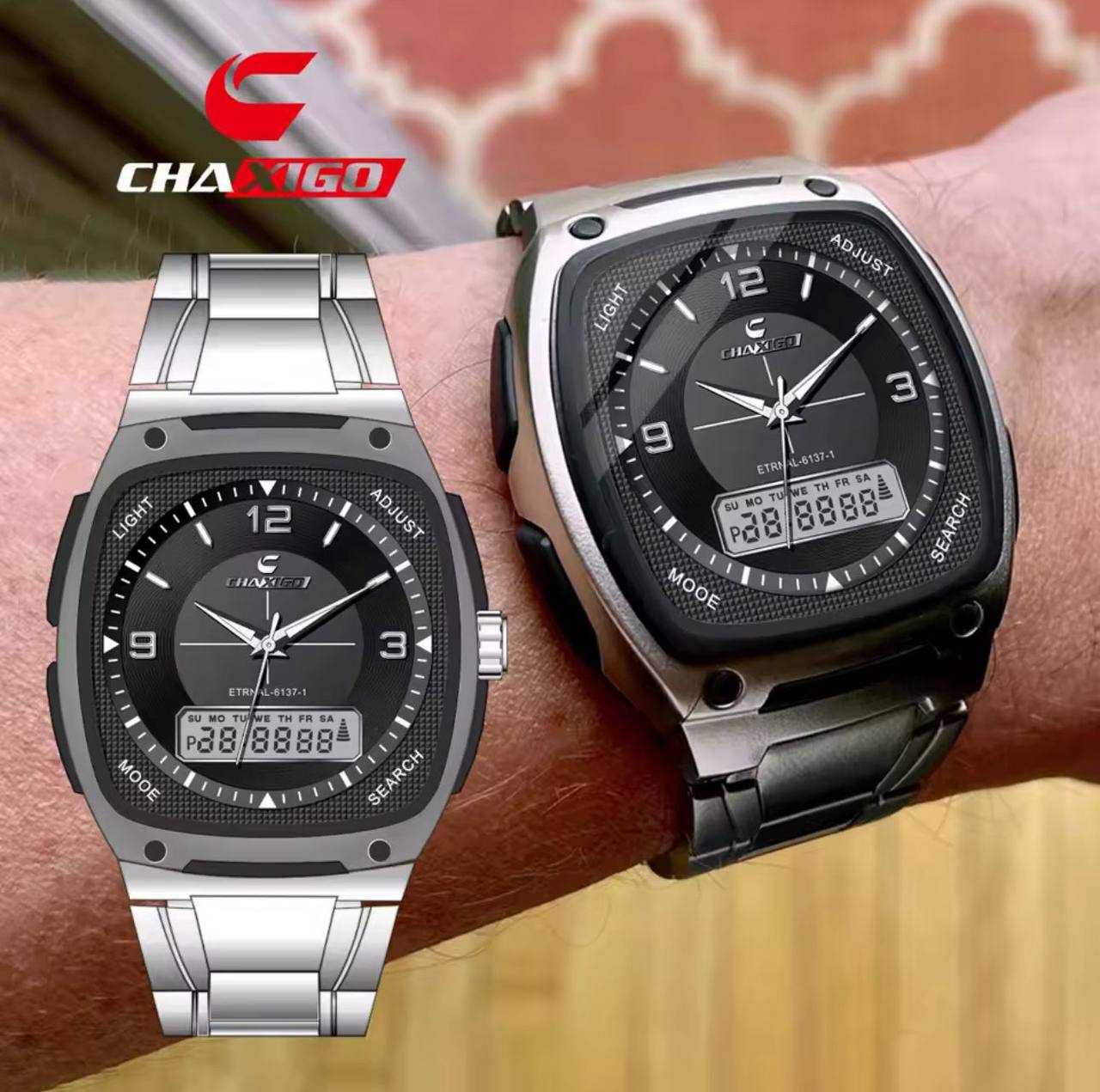 BRAND ALERT CHAXIGO DUAL TIME #6137 DUAL DISPLAY,ELECTRONIC X QUARTZ NIGHT LIGHT BUTTON 30M WATERPROOF STAINLESS STEEL STRAP HIGH STRENGTH MINERAL GLASS WE OFFER ENGRAVING SERVICES