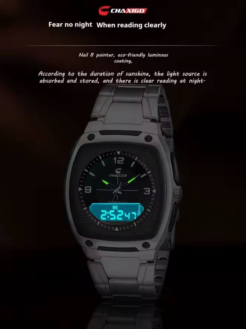 BRAND ALERT CHAXIGO DUAL TIME #6137 DUAL DISPLAY,ELECTRONIC X QUARTZ NIGHT LIGHT BUTTON 30M WATERPROOF STAINLESS STEEL STRAP HIGH STRENGTH MINERAL GLASS WE OFFER ENGRAVING SERVICES