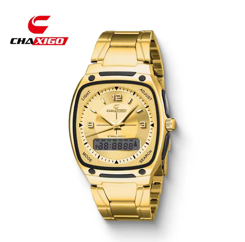 BRAND ALERT CHAXIGO DUAL TIME #6137 DUAL DISPLAY,ELECTRONIC X QUARTZ NIGHT LIGHT BUTTON 30M WATERPROOF STAINLESS STEEL STRAP HIGH STRENGTH MINERAL GLASS WE OFFER ENGRAVING SERVICES