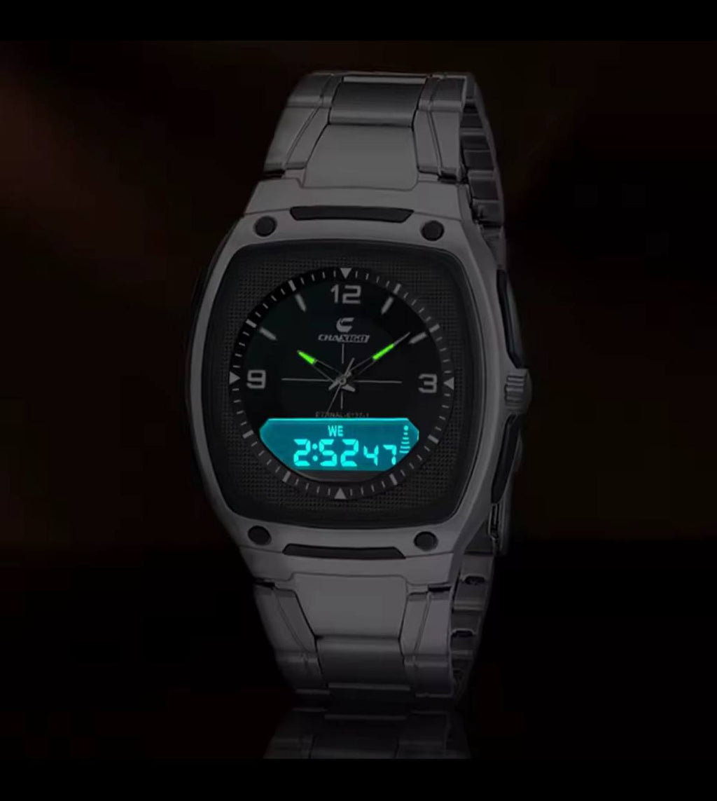 BRAND ALERT CHAXIGO DUAL TIME #6137 DUAL DISPLAY,ELECTRONIC X QUARTZ NIGHT LIGHT BUTTON 30M WATERPROOF STAINLESS STEEL STRAP HIGH STRENGTH MINERAL GLASS WE OFFER ENGRAVING SERVICES