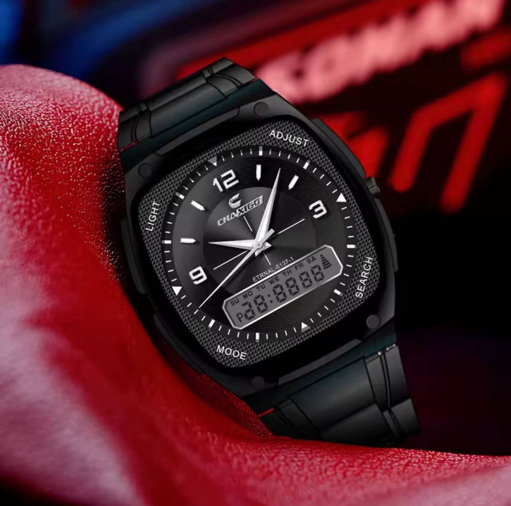 BRAND ALERT CHAXIGO DUAL TIME #6137 DUAL DISPLAY,ELECTRONIC X QUARTZ NIGHT LIGHT BUTTON 30M WATERPROOF STAINLESS STEEL STRAP HIGH STRENGTH MINERAL GLASS WE OFFER ENGRAVING SERVICES