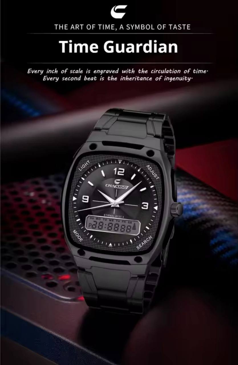 BRAND ALERT CHAXIGO DUAL TIME #6137 DUAL DISPLAY,ELECTRONIC X QUARTZ NIGHT LIGHT BUTTON 30M WATERPROOF STAINLESS STEEL STRAP HIGH STRENGTH MINERAL GLASS WE OFFER ENGRAVING SERVICES