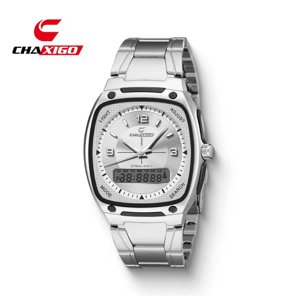 BRAND ALERT CHAXIGO DUAL TIME #6137 DUAL DISPLAY,ELECTRONIC X QUARTZ NIGHT LIGHT BUTTON 30M WATERPROOF STAINLESS STEEL STRAP HIGH STRENGTH MINERAL GLASS WE OFFER ENGRAVING SERVICES
