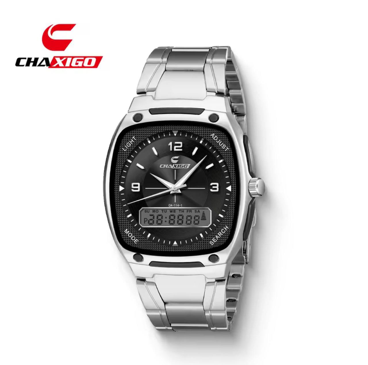 BRAND ALERT CHAXIGO DUAL TIME #6137 DUAL DISPLAY,ELECTRONIC X QUARTZ NIGHT LIGHT BUTTON 30M WATERPROOF STAINLESS STEEL STRAP HIGH STRENGTH MINERAL GLASS WE OFFER ENGRAVING SERVICES