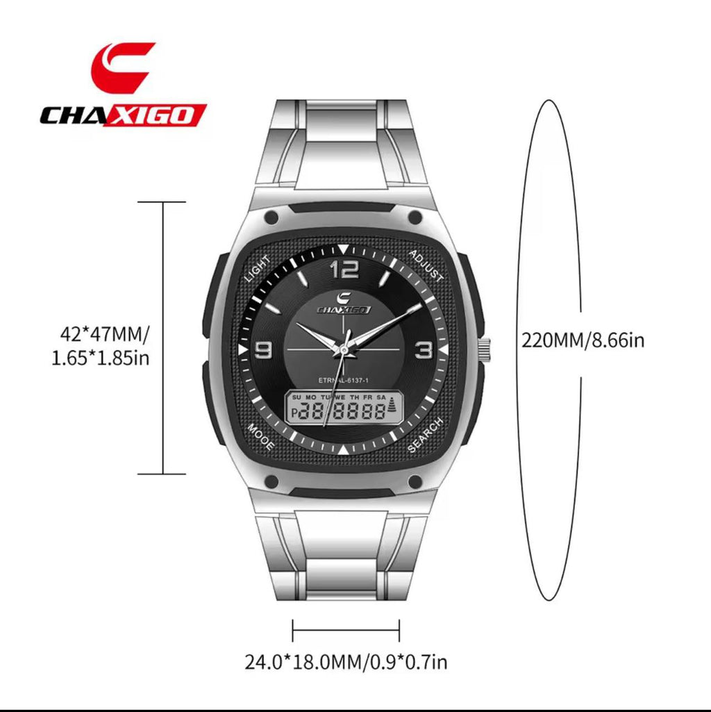 BRAND ALERT CHAXIGO DUAL TIME #6137 DUAL DISPLAY,ELECTRONIC X QUARTZ NIGHT LIGHT BUTTON 30M WATERPROOF STAINLESS STEEL STRAP HIGH STRENGTH MINERAL GLASS WE OFFER ENGRAVING SERVICES