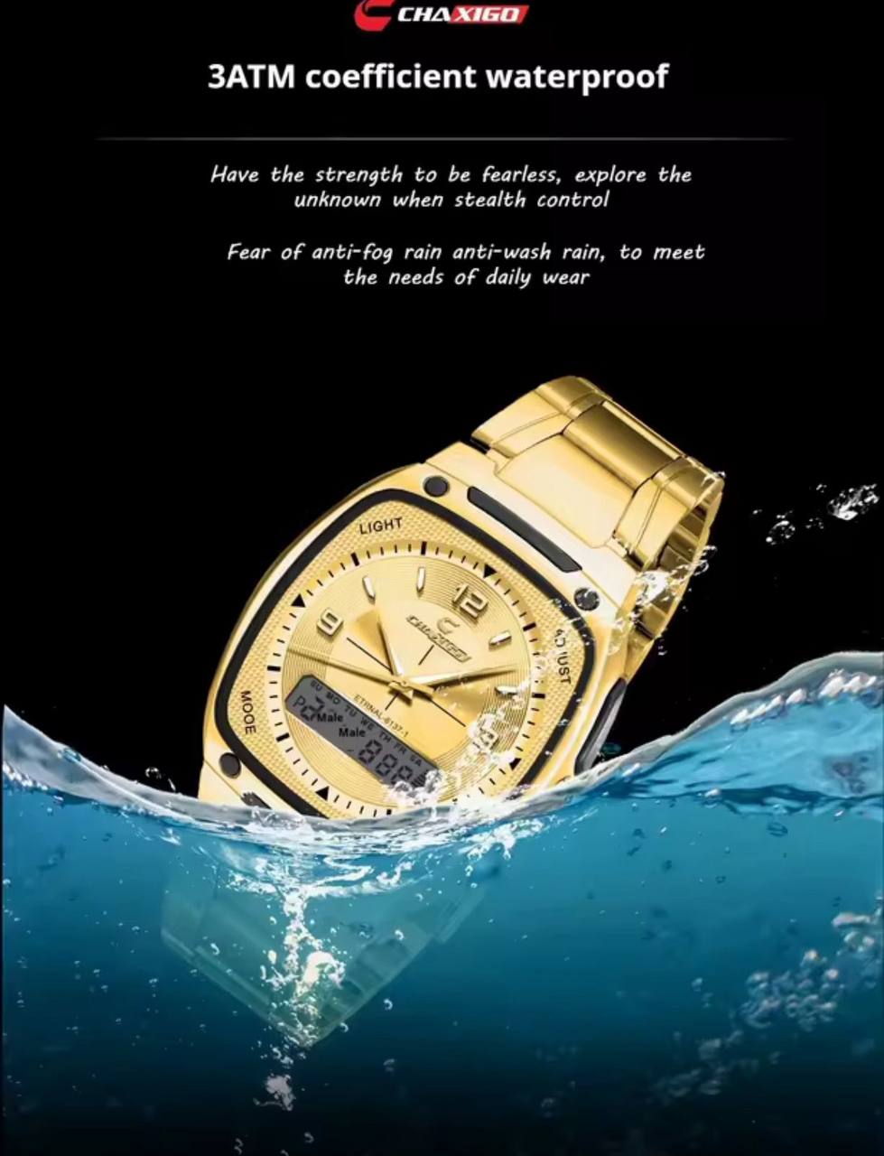 BRAND ALERT CHAXIGO DUAL TIME #6137 DUAL DISPLAY,ELECTRONIC X QUARTZ NIGHT LIGHT BUTTON 30M WATERPROOF STAINLESS STEEL STRAP HIGH STRENGTH MINERAL GLASS WE OFFER ENGRAVING SERVICES