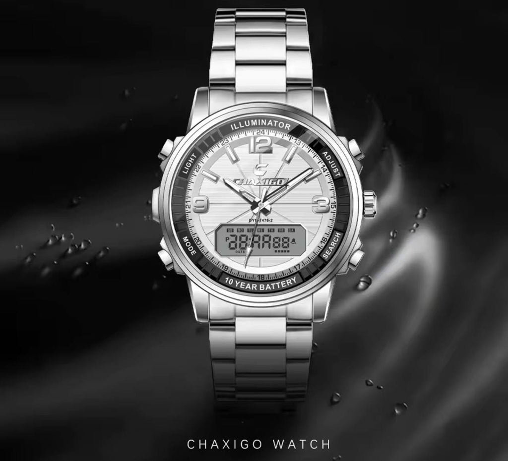 BRAND ALERT CHAXIGO DUAL TIME #7476 DUAL DISPLAY,ELECTRONIC X QUARTZ NIGHT LIGHT BUTTON 30M WATERPROOF STAINLESS STEEL STRAP HIGH STRENGTH MINERAL GLASS 10 YEARS BATTERY WE OFFER ENGRAVING SERVICES
