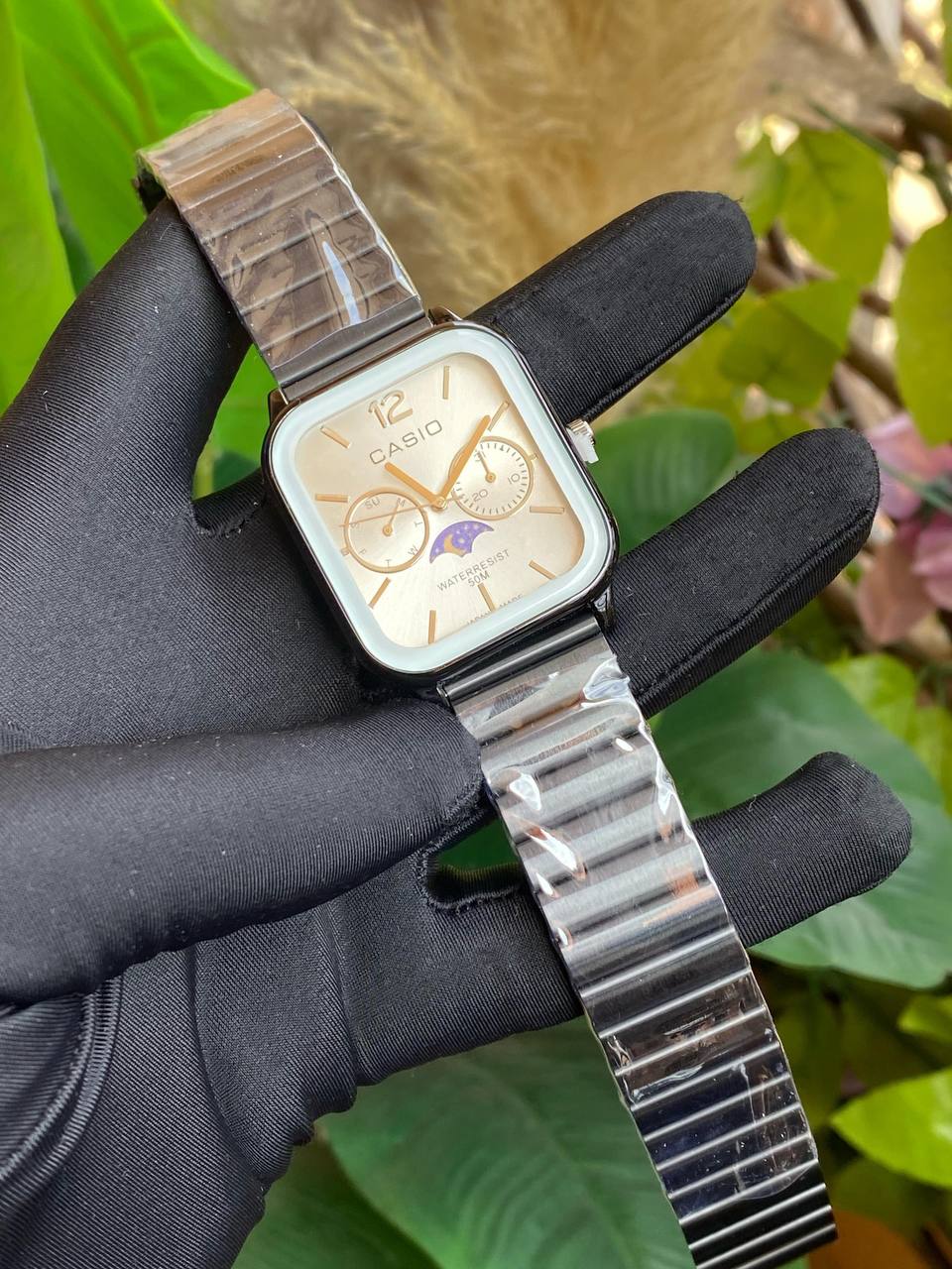 CASIO CHRONOGRAPH GENTS WATCH STAINLESS STEEL FUNCTIONAL MOONPHASE CHRONOGRAPH FUNCTIONAL WATER RESISTANT NON FADE CASIO BRANDED BOX ENGRAVING SERVICES