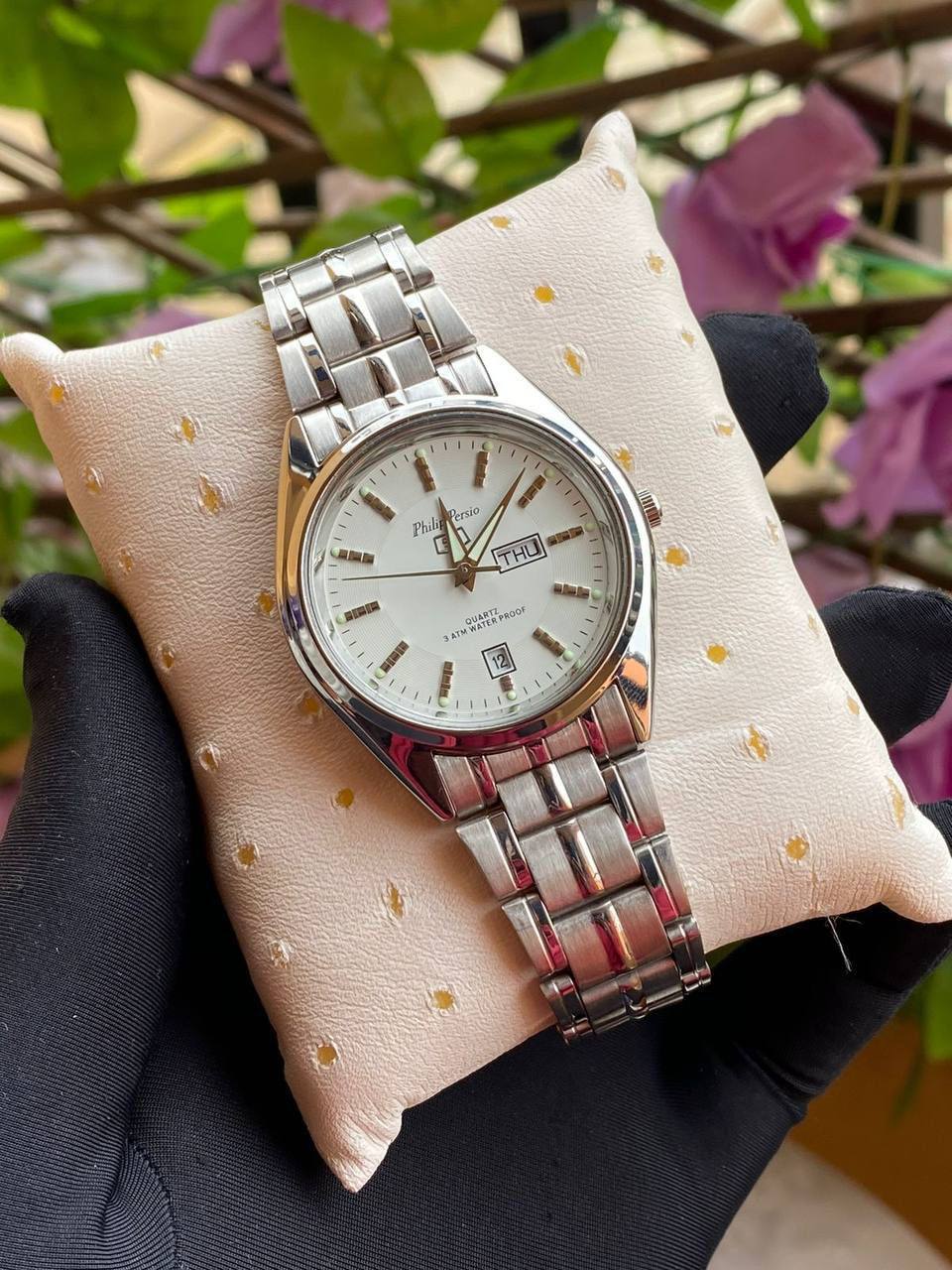 PHILIP PERSIO WATCH COUPLE SET DAY&DATE DISPLAY WATERPROOF BATTERY POWERED STRONG LUMINOUS DISPLAY TWO-TONE SILVER COUPLE BOX