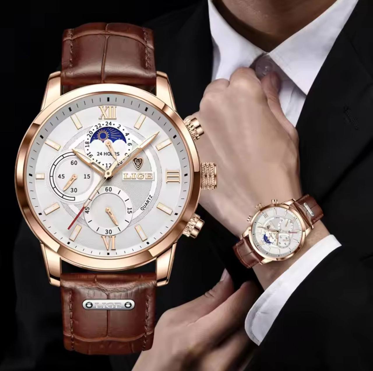 LIGE LG8932 CHRONOGRAPH BATTERY POWERED CHRONOGRAPH MOVEMENT STAINLESS STEEL DATE DISPLAY MOON PHASE FUNCTION COMES A BRANDED BOX ORDER AND ENQUIRIES