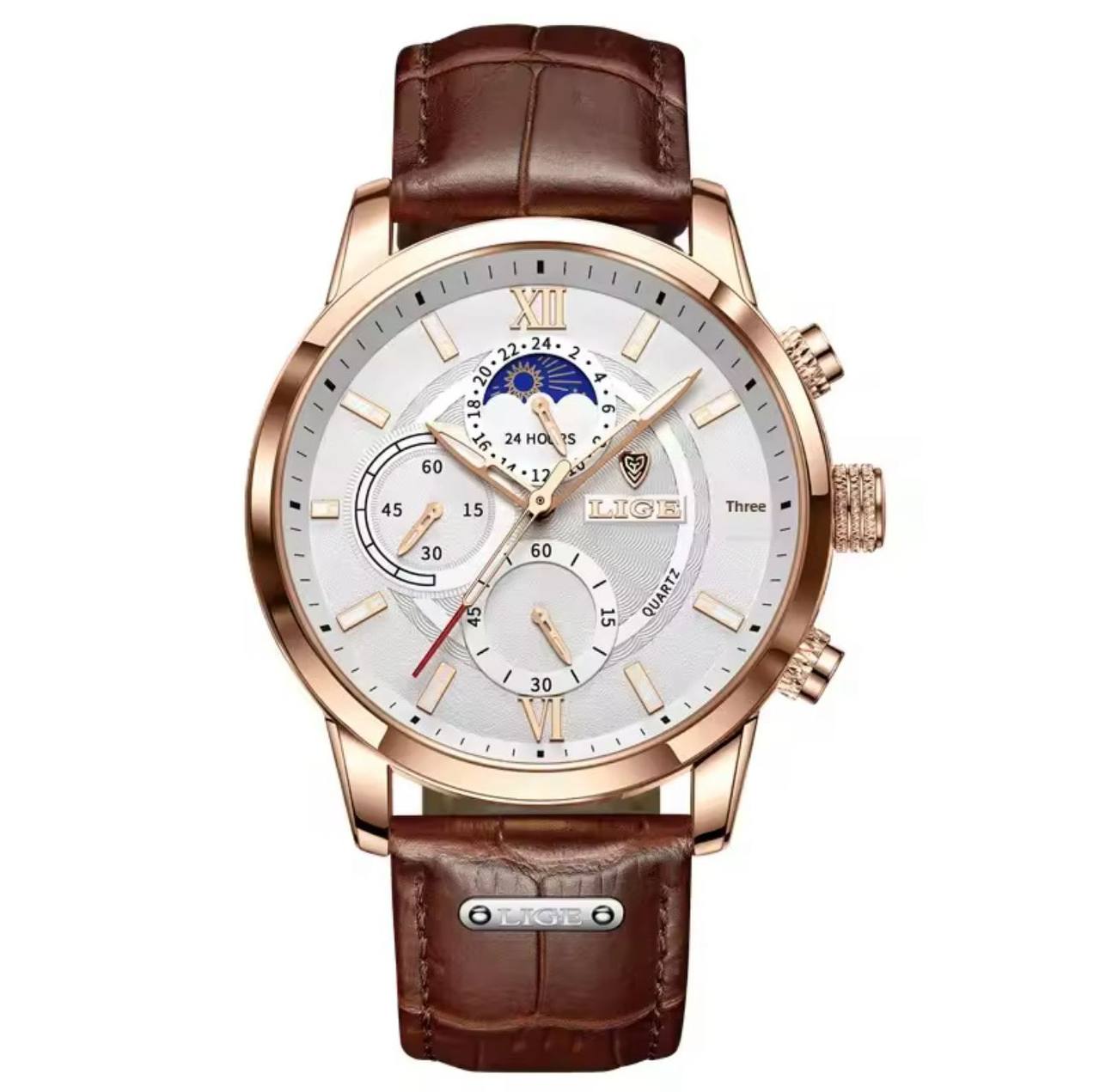 LIGE LG8932 CHRONOGRAPH BATTERY POWERED CHRONOGRAPH MOVEMENT STAINLESS STEEL DATE DISPLAY MOON PHASE FUNCTION COMES A BRANDED BOX ORDER AND ENQUIRIES