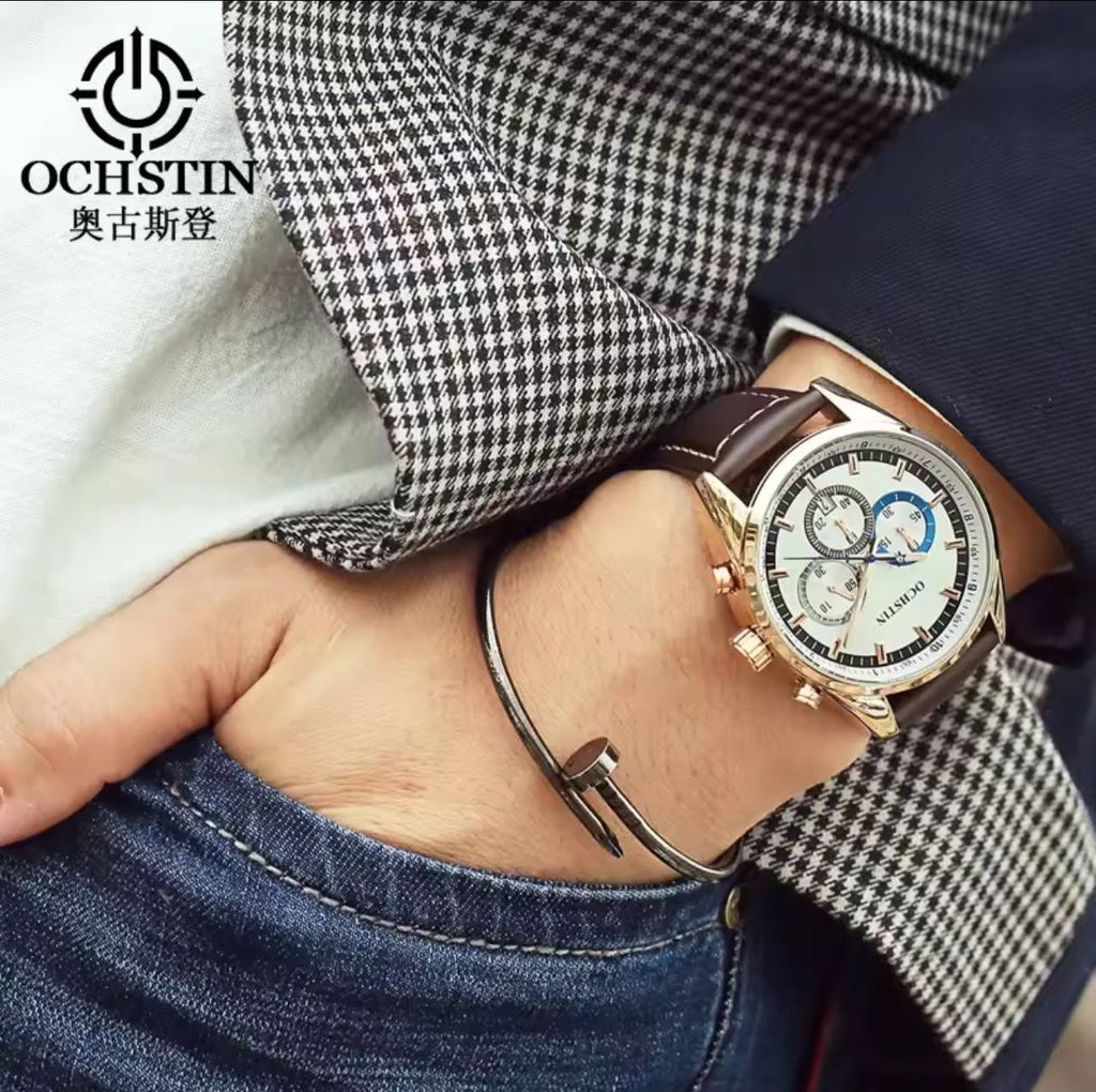 🟢BRAND ALERT OCHSTIN CHRONOGRAPH GENTS WATCH DATE DISPLAY CHRONOGRAPH MOVEMENT BATTERY POWERED FINELY POLISHED LEATHER STRAPS WATER RESISTANT ENGRAVING SERVICES ENQUIRIES