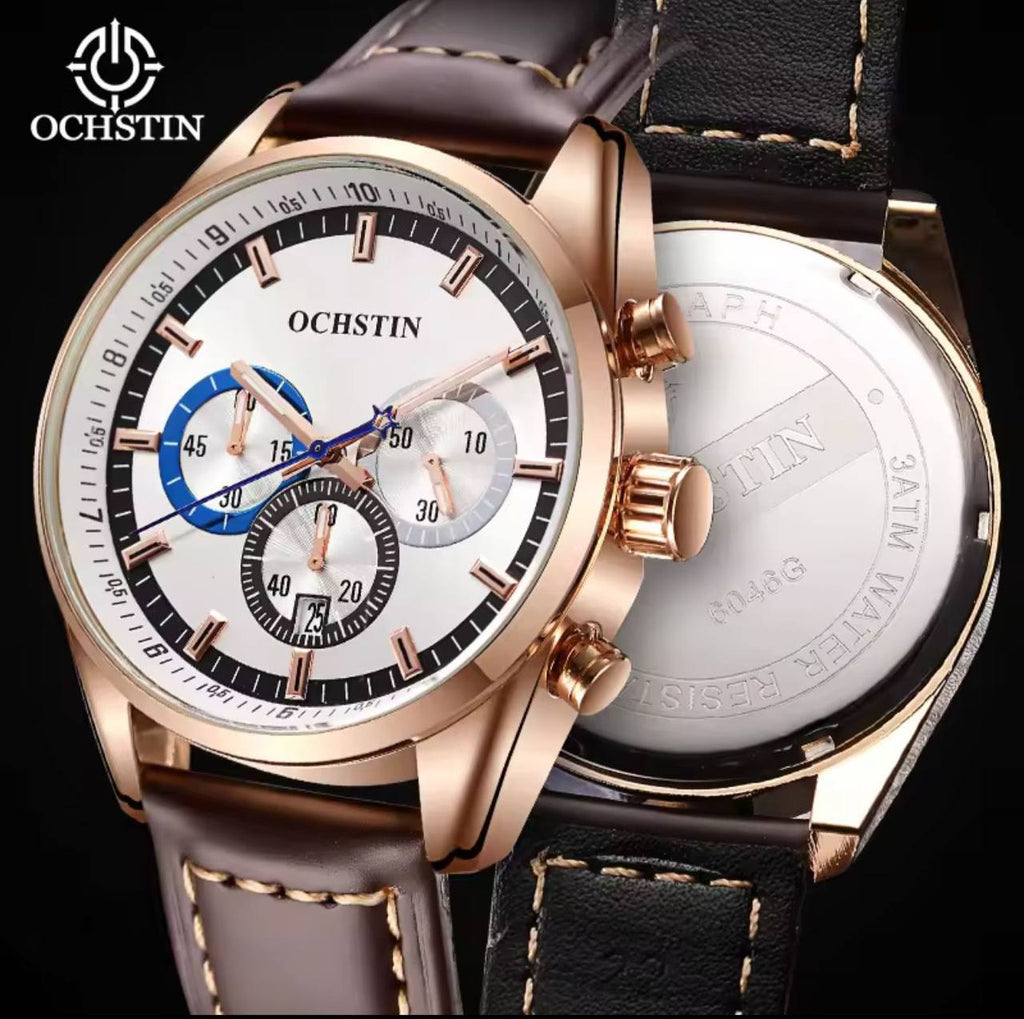 🟢BRAND ALERT OCHSTIN CHRONOGRAPH GENTS WATCH DATE DISPLAY CHRONOGRAPH MOVEMENT BATTERY POWERED FINELY POLISHED LEATHER STRAPS WATER RESISTANT ENGRAVING SERVICES ENQUIRIES