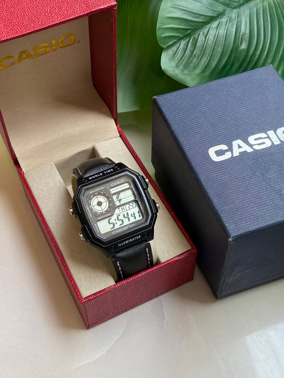 CASIO WORLDTIME WATCH WORLD TIME COUNT DOWN TIMER 5 ALARMS BATTERY POWERED LEATHER STRAP WATER RESISTANT CASIO BRANDED BLUE BOX ENQUIRIES