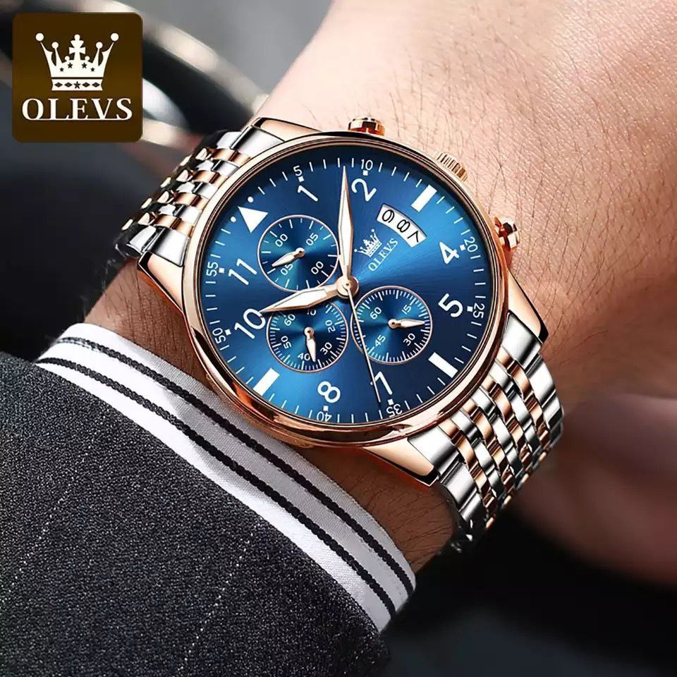 OLEVS CHRONOGRAPH DATE DISPLAY WATER RESISTANT STAINLESS STEEL FINISH BLACK GOLD TWO TONE