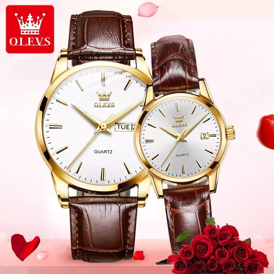OLEVS COUPLE SETS DAY AND DATE DISPLAY WATER RESIST QUARTZ MOVEMENT BATTERY POWERED A PAIR SINGLE PIECE