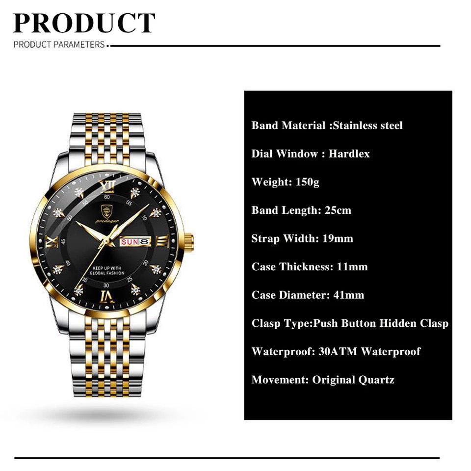 POEDAGAR 3ATM WATER RESISTANT DAY AND DATE DISPLAY STAINLESS STEEL FINISH COLOURS TWOTONE WHITE FACE TWOTONE BLACK FACE SILVER BLACK FACE