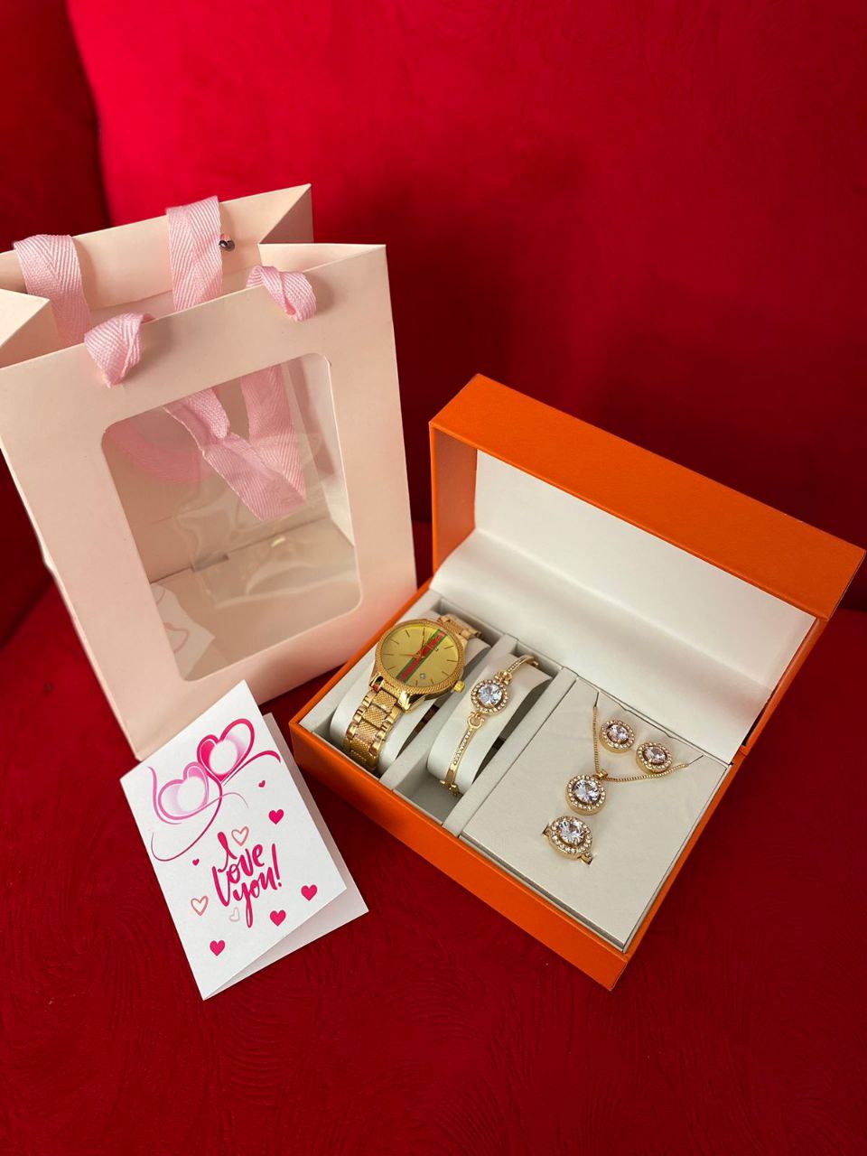 SET OF WATCH NECKLACE EARRINGS RING BRACELET + CARD AND BAG