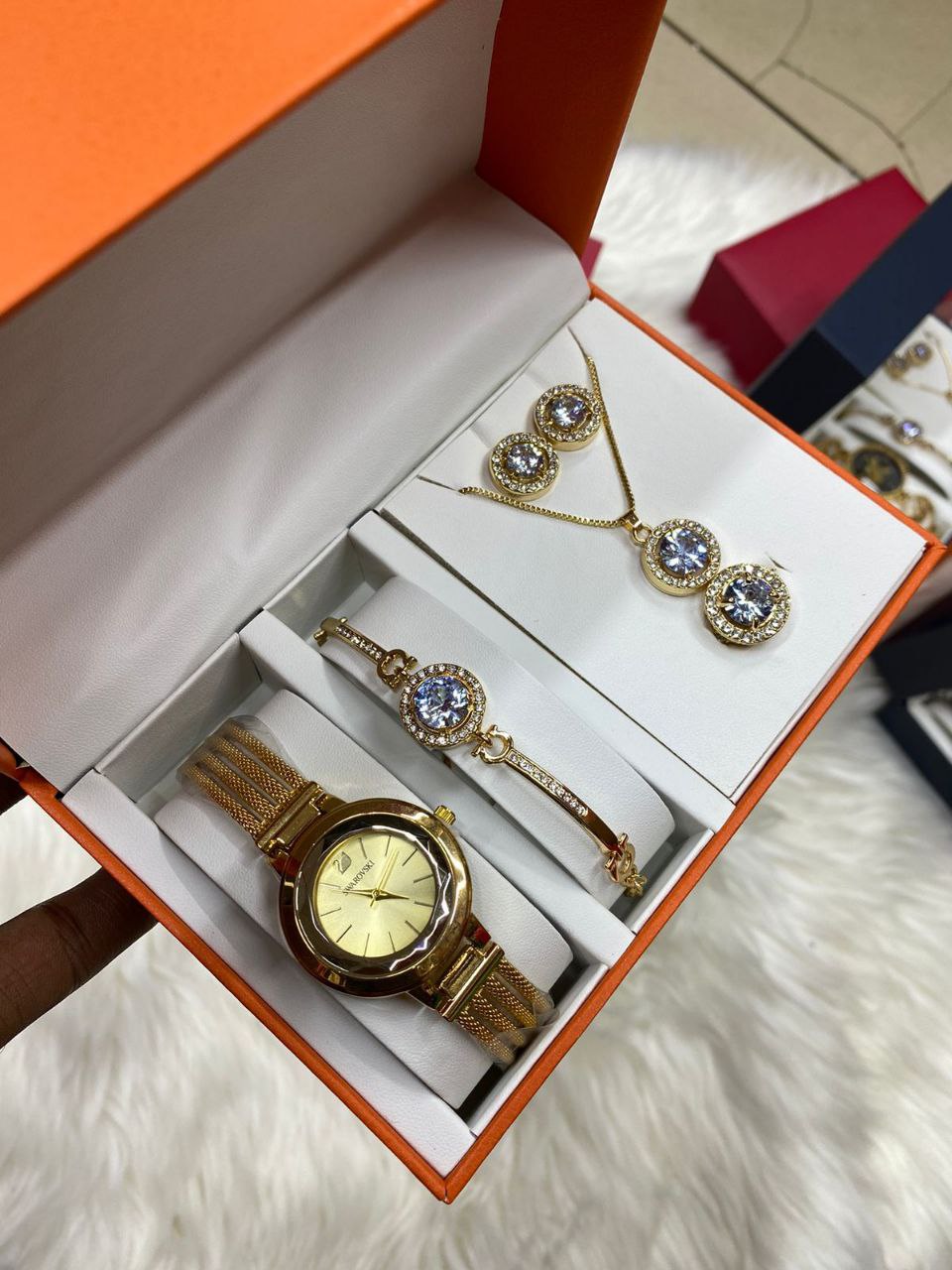 A SET OF WATCH BRACELET RING NECKLACE EARRINGS