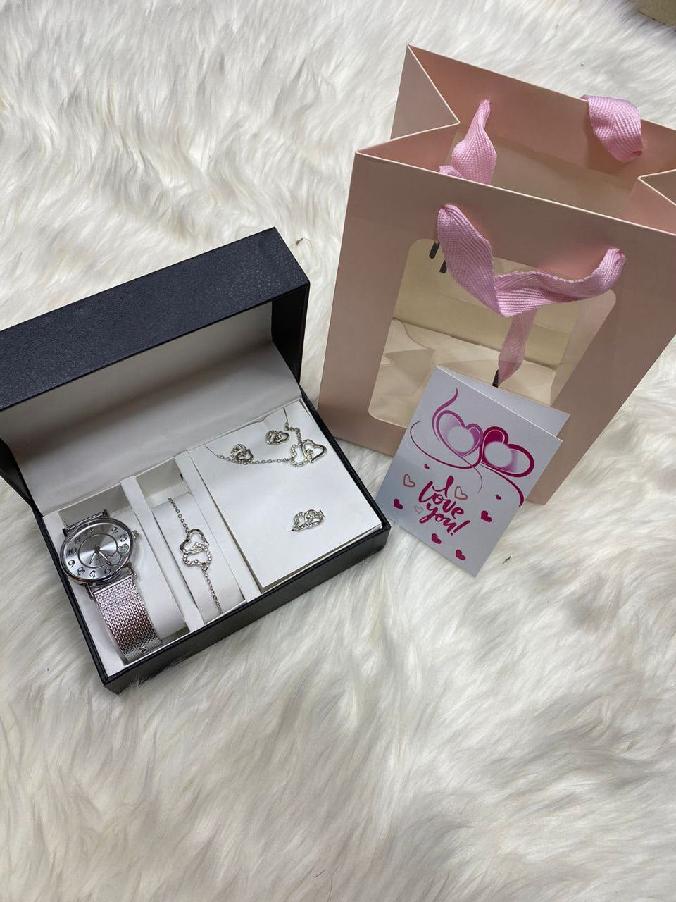 5 1 GIFT SET WATCH BRACELET RING NECKLACE EARRINGS BAG&CARD