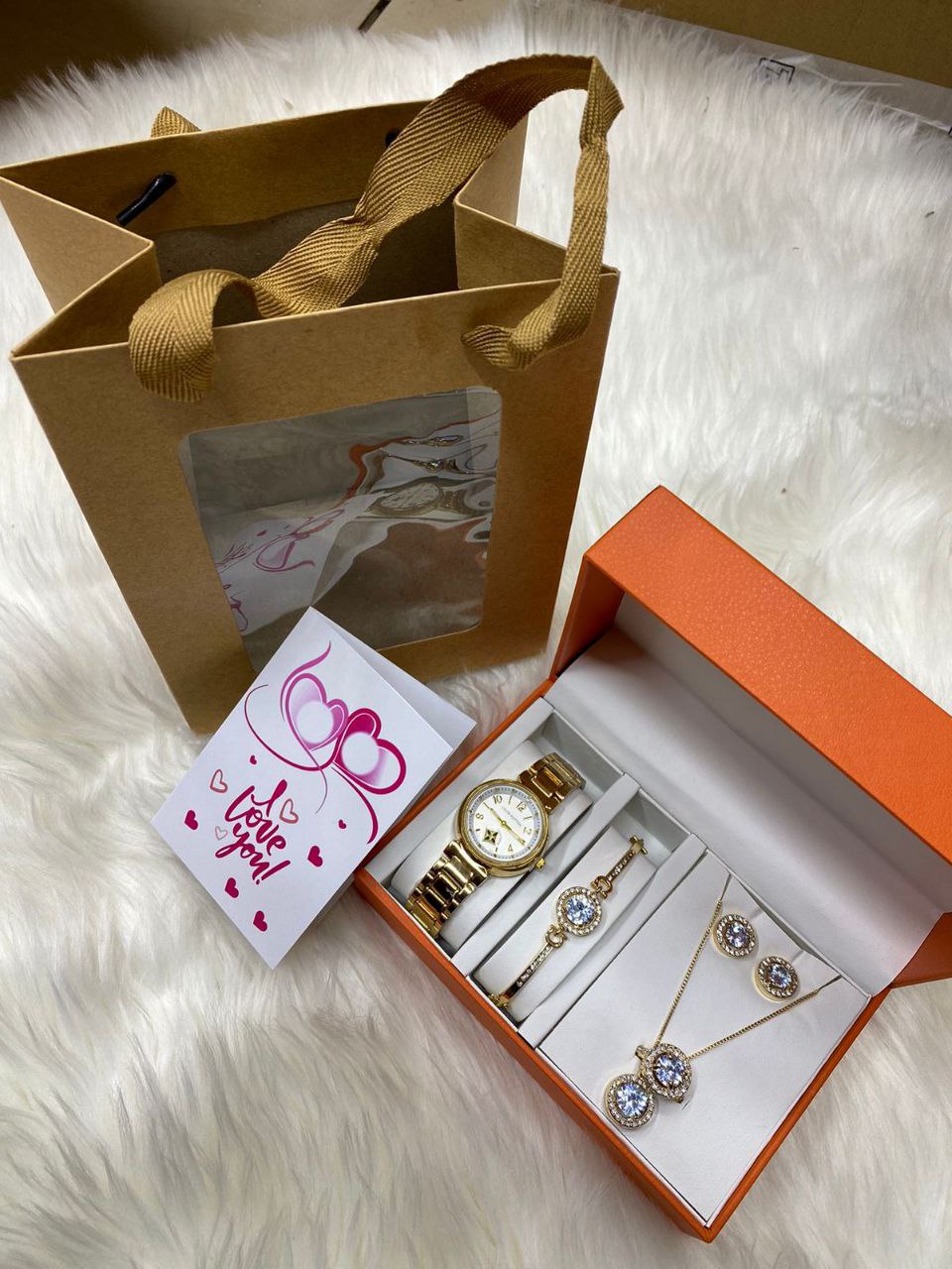 FEW REMAINING SETS SET OF WATCH NECKLACE EARRINGS RING BRACELET + CARD AND BAG