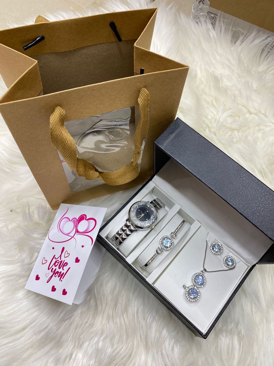 FEW REMAINING SETS SET OF WATCH NECKLACE EARRINGS RING BRACELET + CARD AND BAG