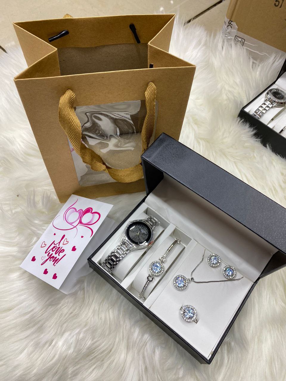 FEW REMAINING SETS SET OF WATCH NECKLACE EARRINGS RING BRACELET + CARD AND BAG