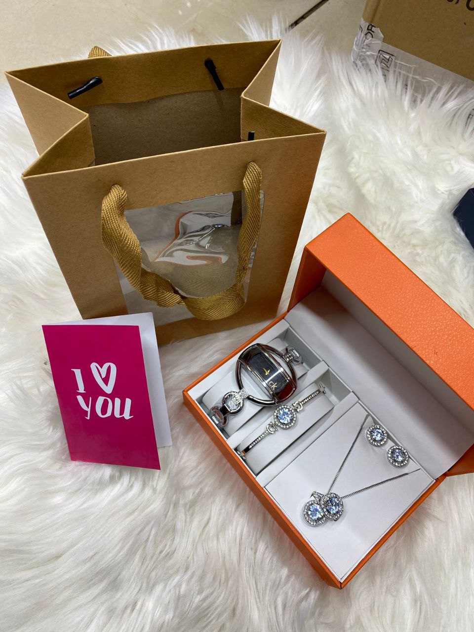 FEW REMAINING SETS SET OF WATCH NECKLACE EARRINGS RING BRACELET + CARD AND BAG