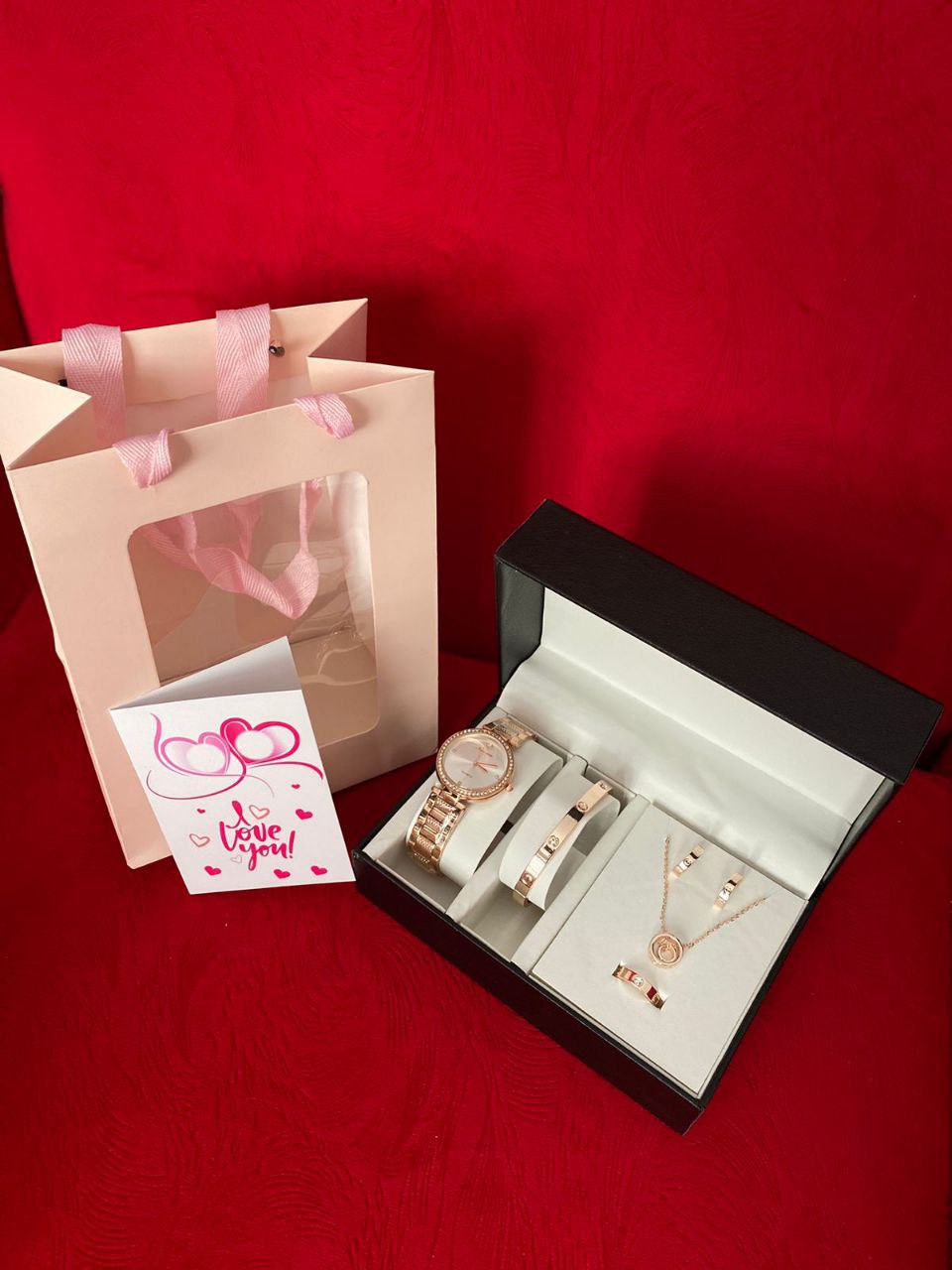 FEW REMAINING SETS SET OF WATCH NECKLACE EARRINGS RING BRACELET + CARD AND BAG