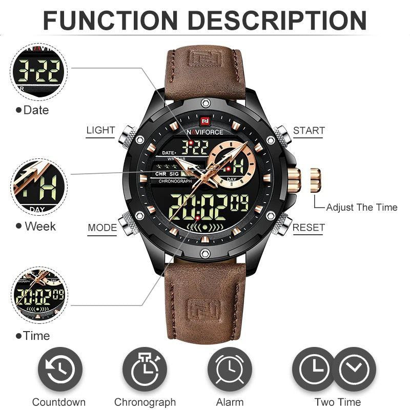 MEN NAVIFORCE NF 9208 ANALOGUE&DIGITAL DISPLAY GOLD BROWN BLACK ,DARK BROWN