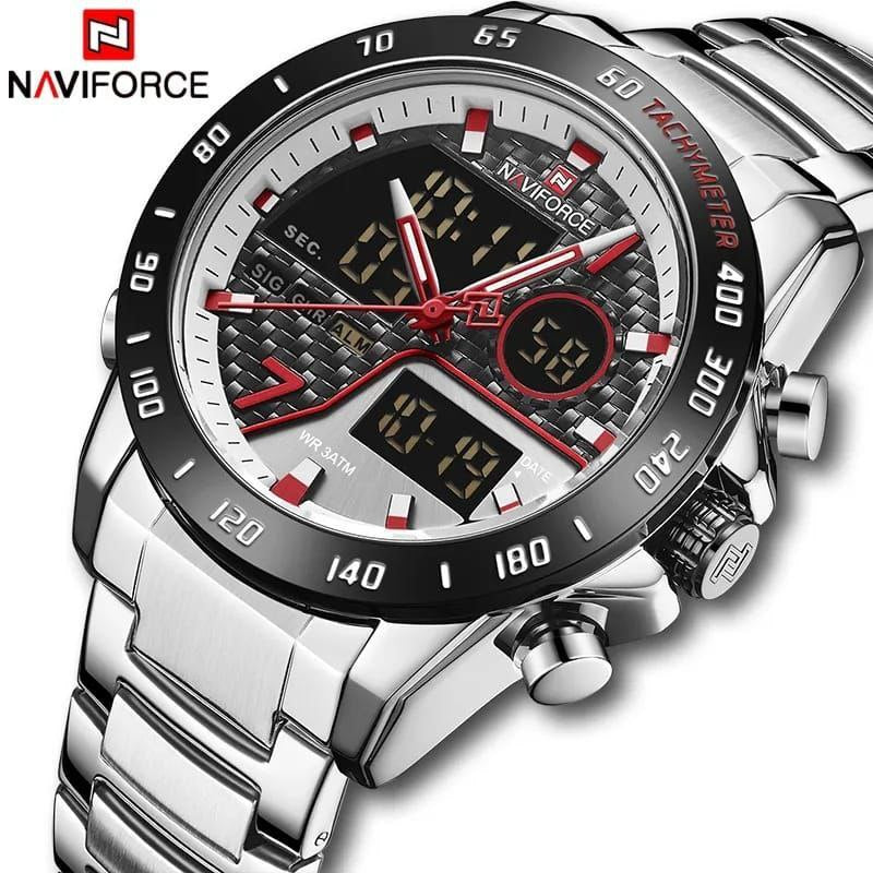 NAVIFORCE MEN NF 9171 SILVER DUAL DISPLAY WATER RESISTANT 30 ATM STAINLESS STEEL