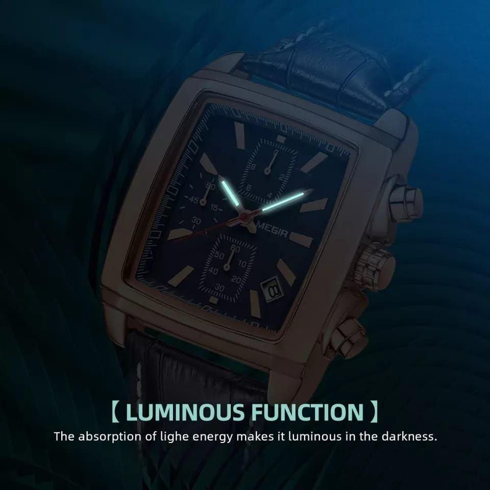 MEGIR LEATHER WATCH + BRANDED BOX DATE DISPLAY BATTERY POWERED CHRONOGRAPH MOVEMENT LUMINOUS ARMS