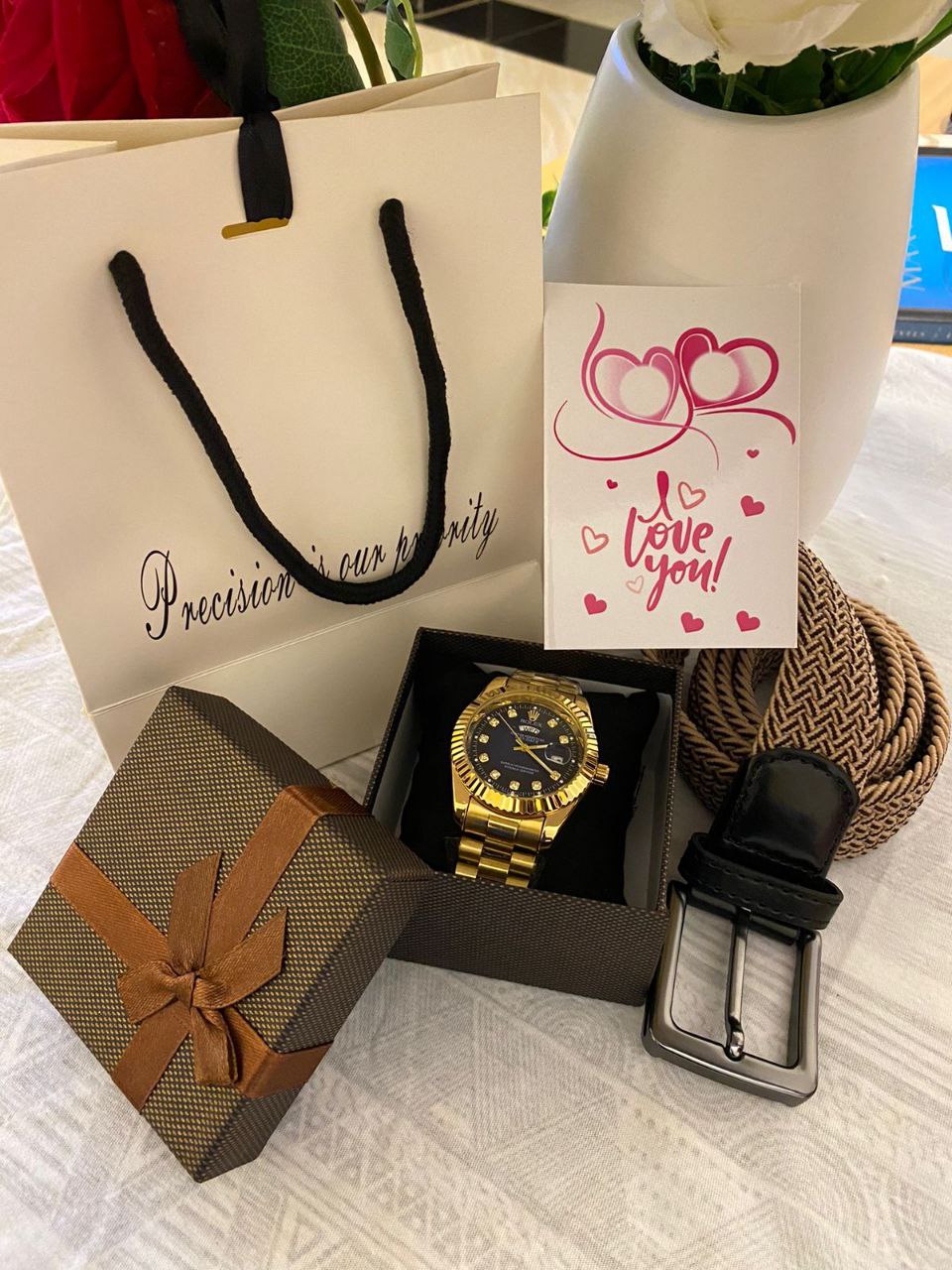 FATHERS DAY GIFT LDEAS ROLEX WATCH GIFT BAG 100 WOOVEN BELT 500 BANGLE 300 BOX 100 GIFT CARD 50 TOTAL