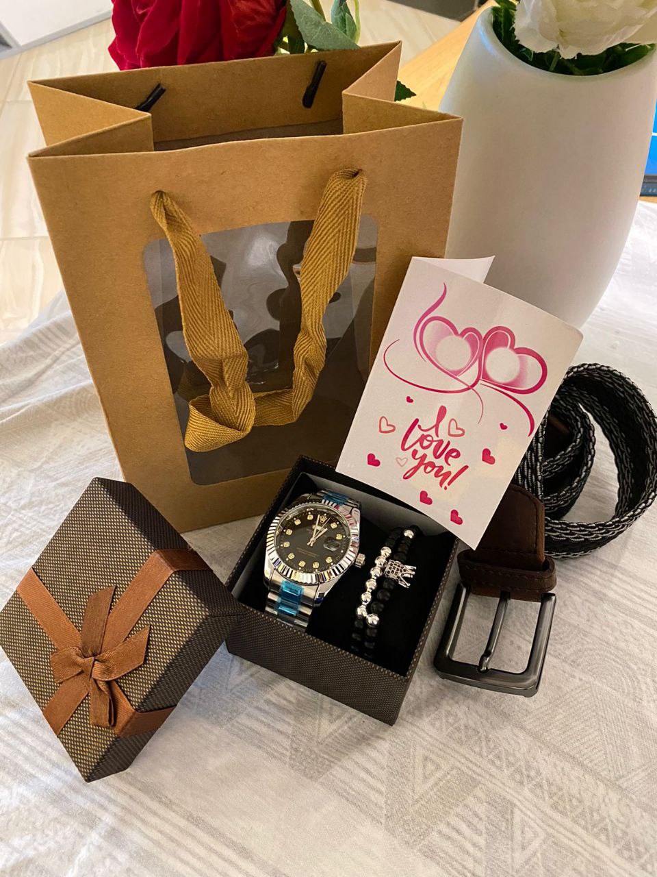 FATHERS DAY GIFT LDEAS ROLEX WATCH GIFT BAG 100 WOOVEN BELT 500 BANGLE 300 BOX 100 GIFT CARD 50 TOTAL