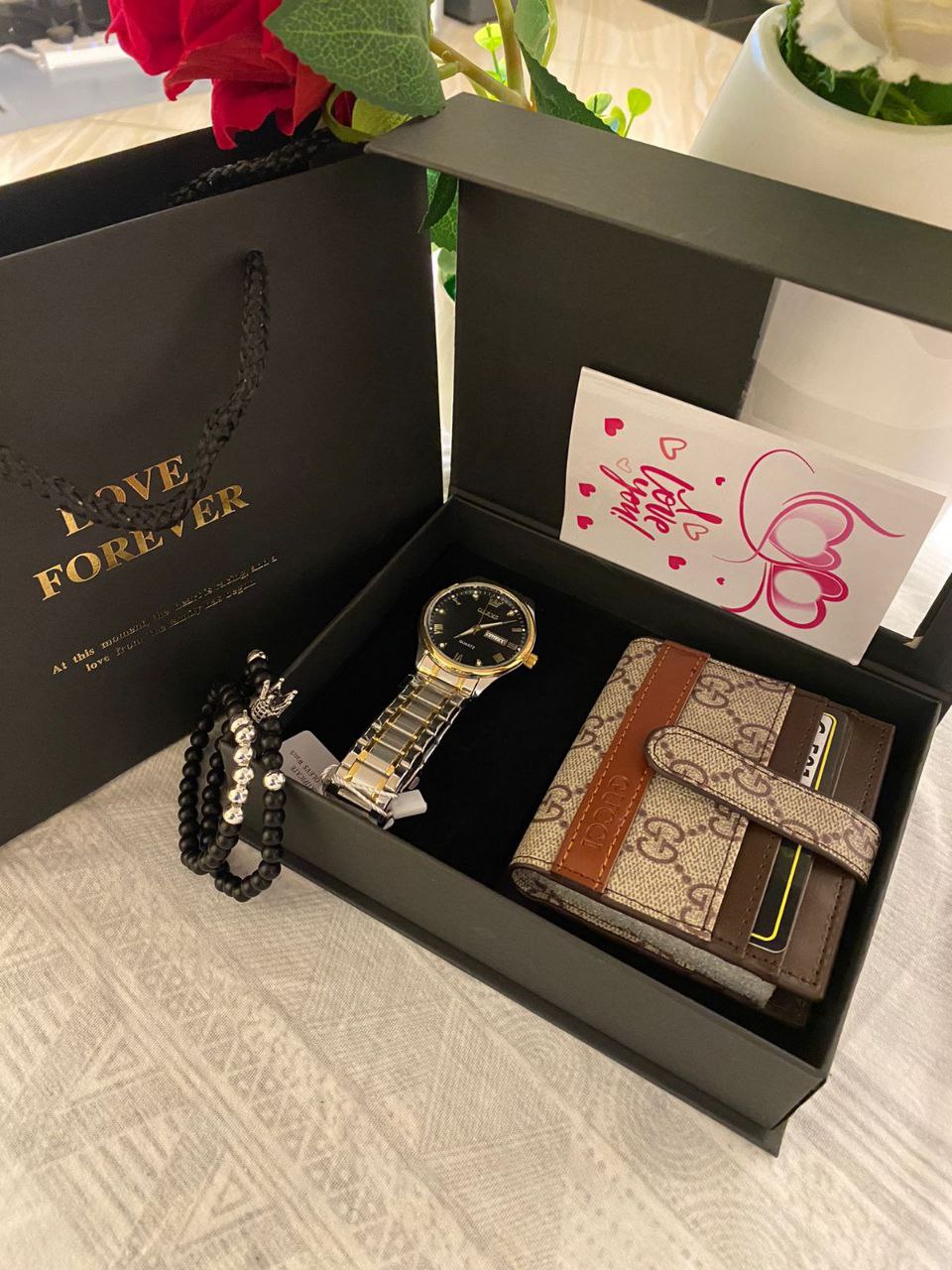 FATHERS DAY GIFT IDEAS WATCH 1800 CARD HOLDER 1000 BANGLE 300 BOX,BAG,CARD 500 TOTAL 3600