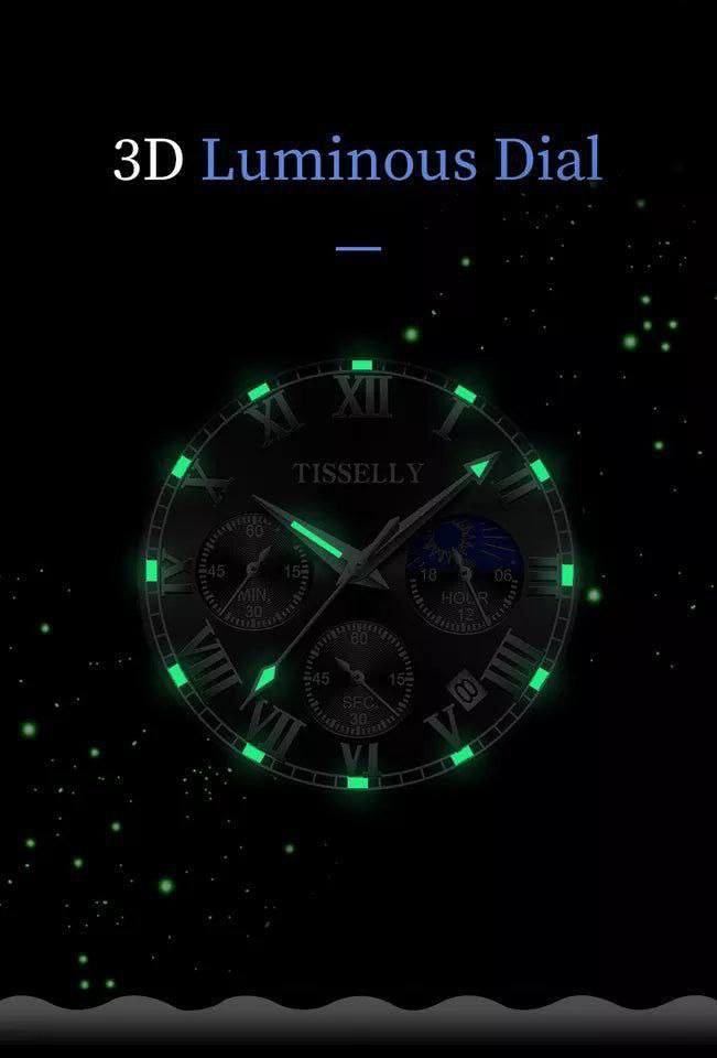 TISSELLY BATTERY POWERED CHRONOGRAPH MOVEMENT MOONPHASE DISPLAY STAINLESS STEEL : TWO TONE BLACK TWO TONE BLUE