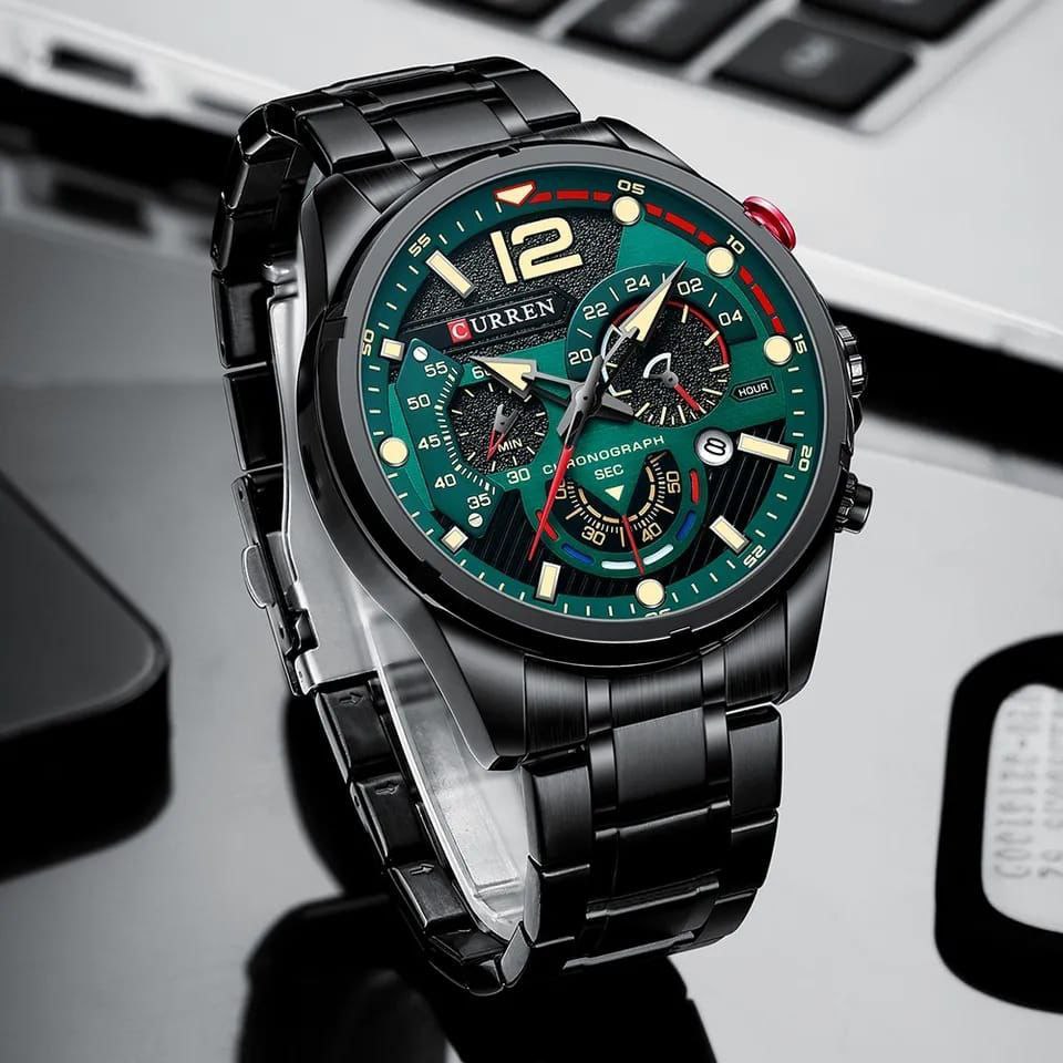 GENTS CURREN 8395 CHRONOGRAPH DATE DISPLAY WATER RESISTANT STAINLESS STEEL LUMINOUS DIAL BLACK GREEN BLUE CURREN BRANDED BOX