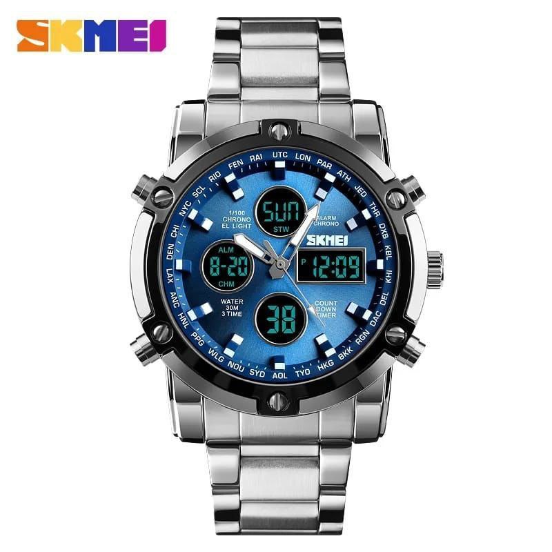 SKMEI GENTS WATCH 1389 ANALOGUE&DIGITAL DISPLAY BATTERY POWERED WATER RESISTANT BLACK SILVER