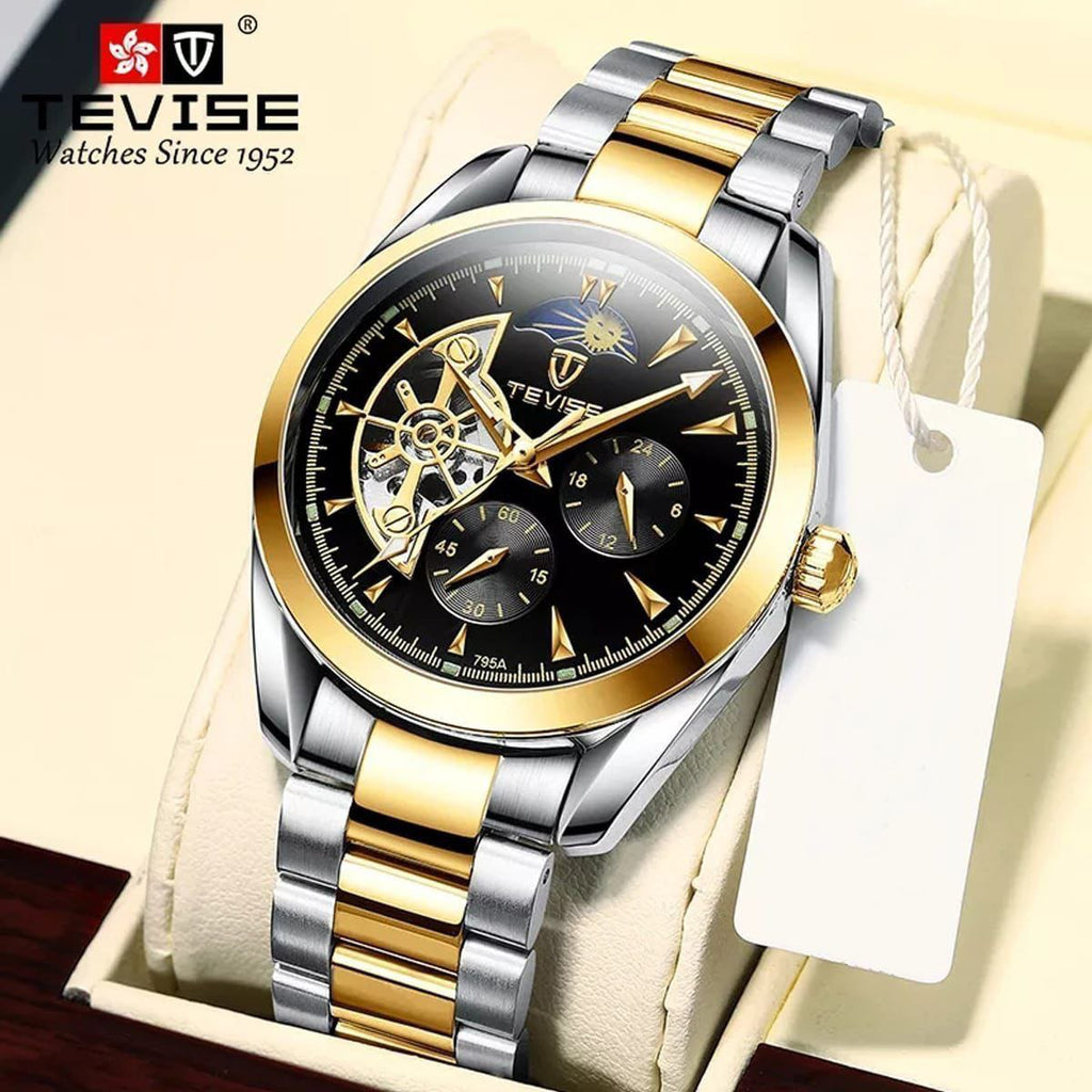 TEVISE AUTOMATIC GENTS WATCH TWO TONE BLACK FACE TWO TONE BLUE FACE