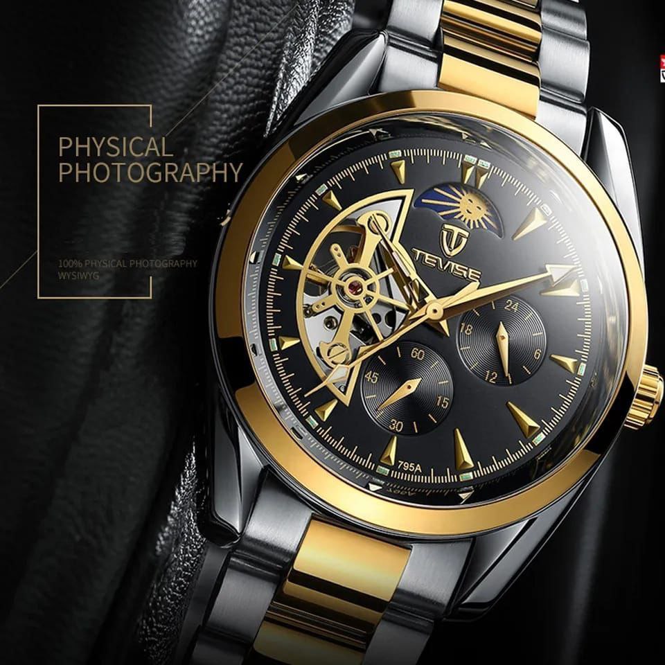 TEVISE AUTOMATIC GENTS WATCH TWO TONE BLACK FACE TWO TONE BLUE FACE