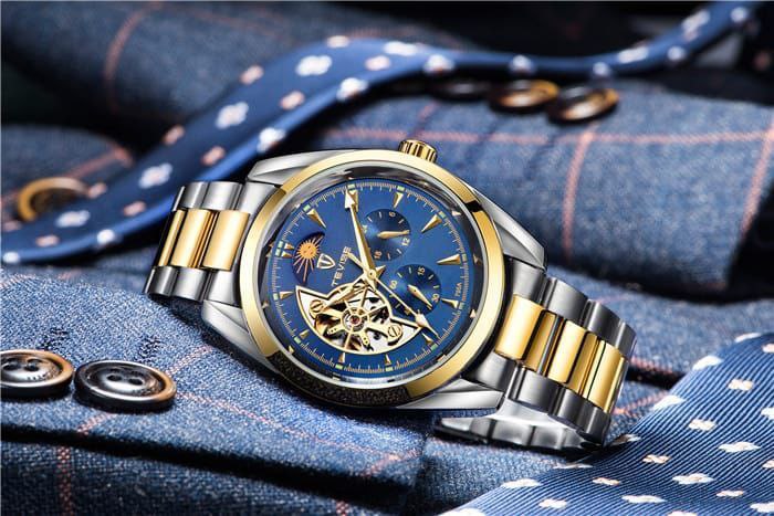 TEVISE AUTOMATIC GENTS WATCH TWO TONE BLACK FACE TWO TONE BLUE FACE