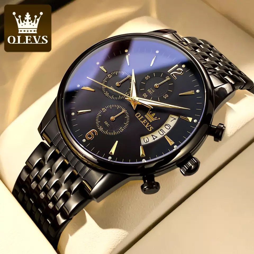 OLEVS CHRONOGRAPH DATE DISPLAY WATER RESISTANT STAINLESS STEEL FINISH BLACK GOLD TWO TONE